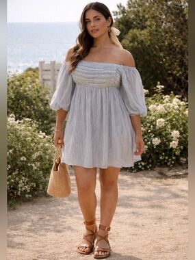 Abercrombie & Fitch Emerson Linen Off The Shoulder Pinstripe Coastal Mini Dress